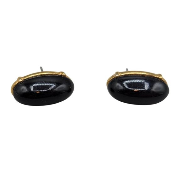 Monet Black Oval Post Earrings Gold Tone Textured Backing - Picture 2 of 6